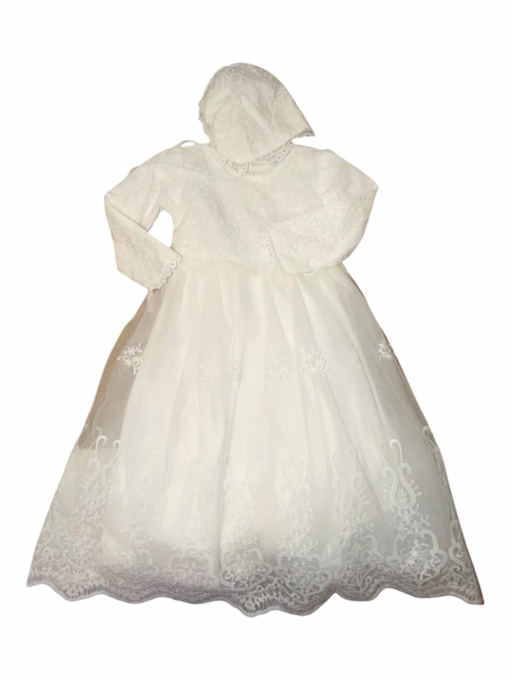 Elegant White Lace Christening Gown with Bonnet - 24 Months